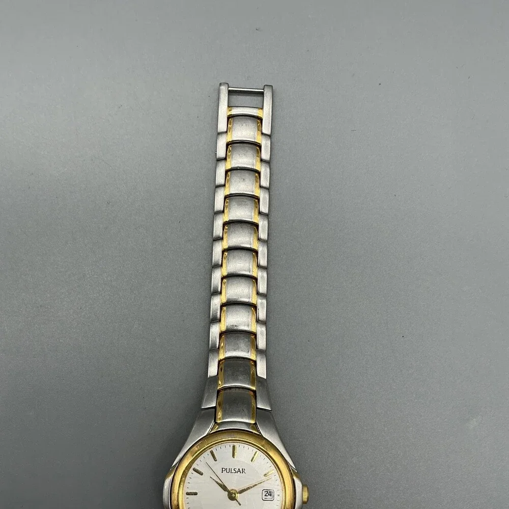 Pulsar V75-X245 Women Watch 24mm White Dial Two Tone Stainless New Battery 6.75